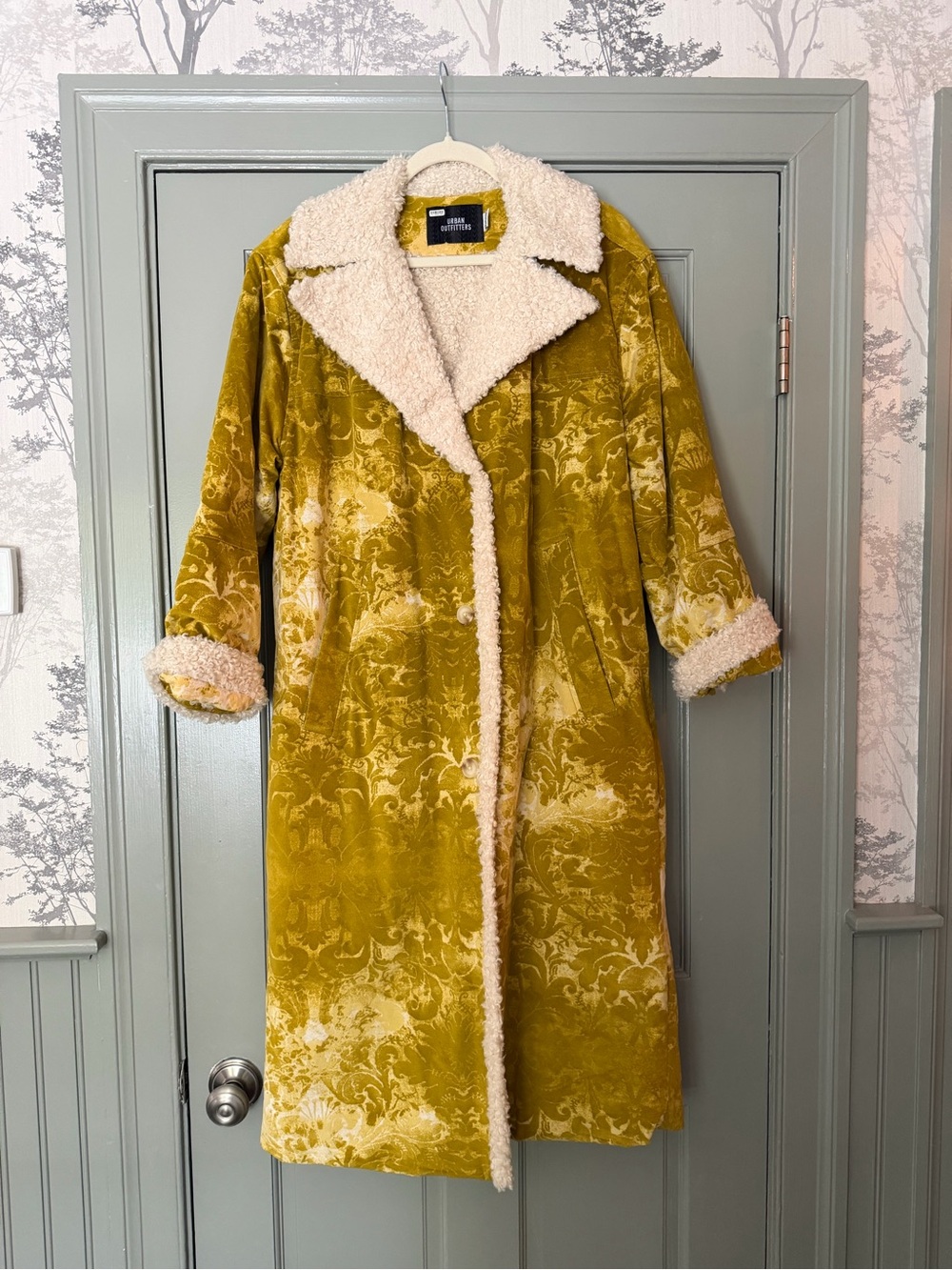Urban Outfitters Mustard Yellow Velvet Trench Coat with Cream Sherpa Trim